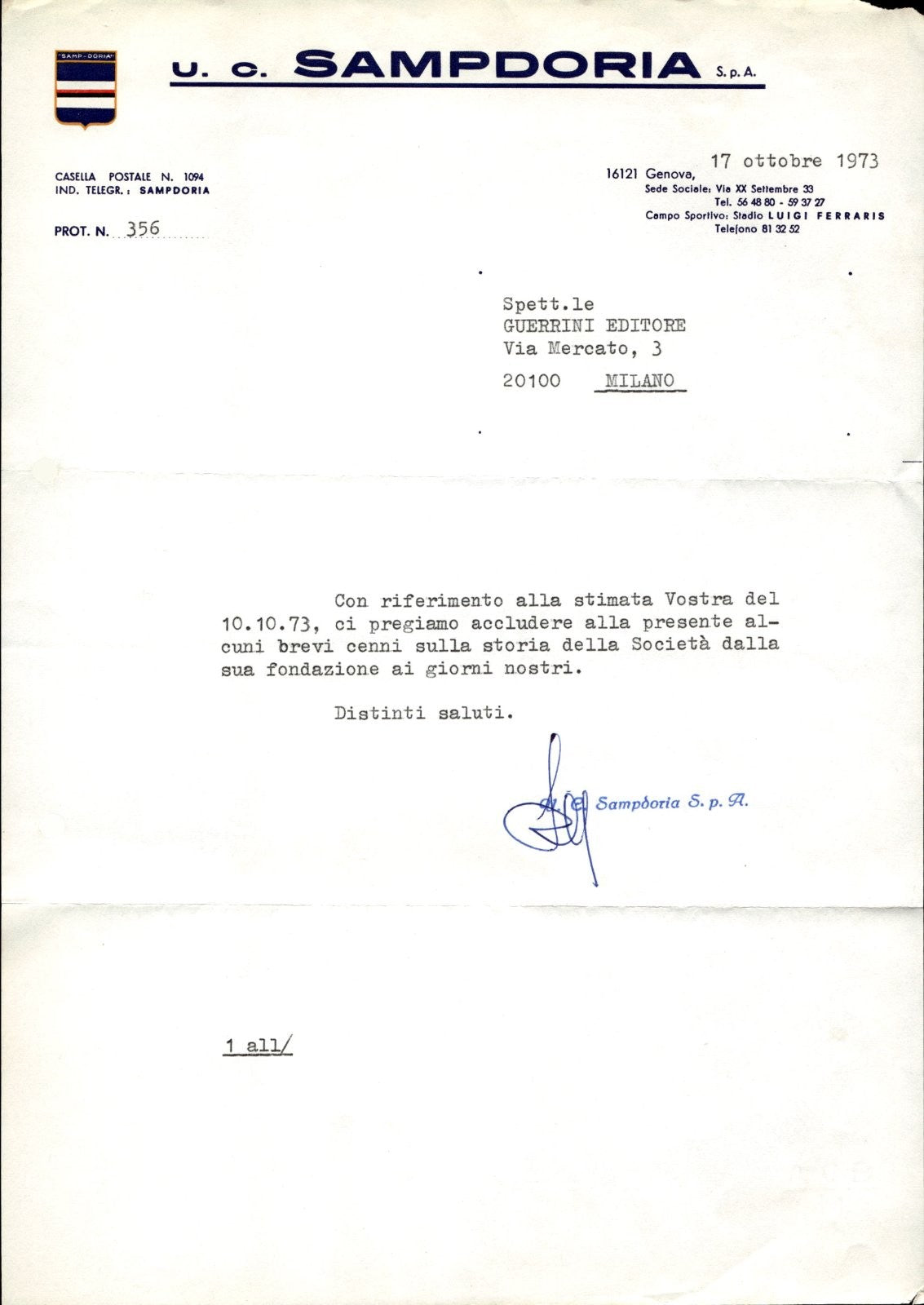 carta intestata societ� sportiva U.C. Sampdoria SPA 1973 01