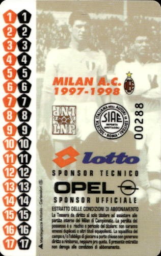 Biglietto stadio Milan A.C 1997-1998 n 00288