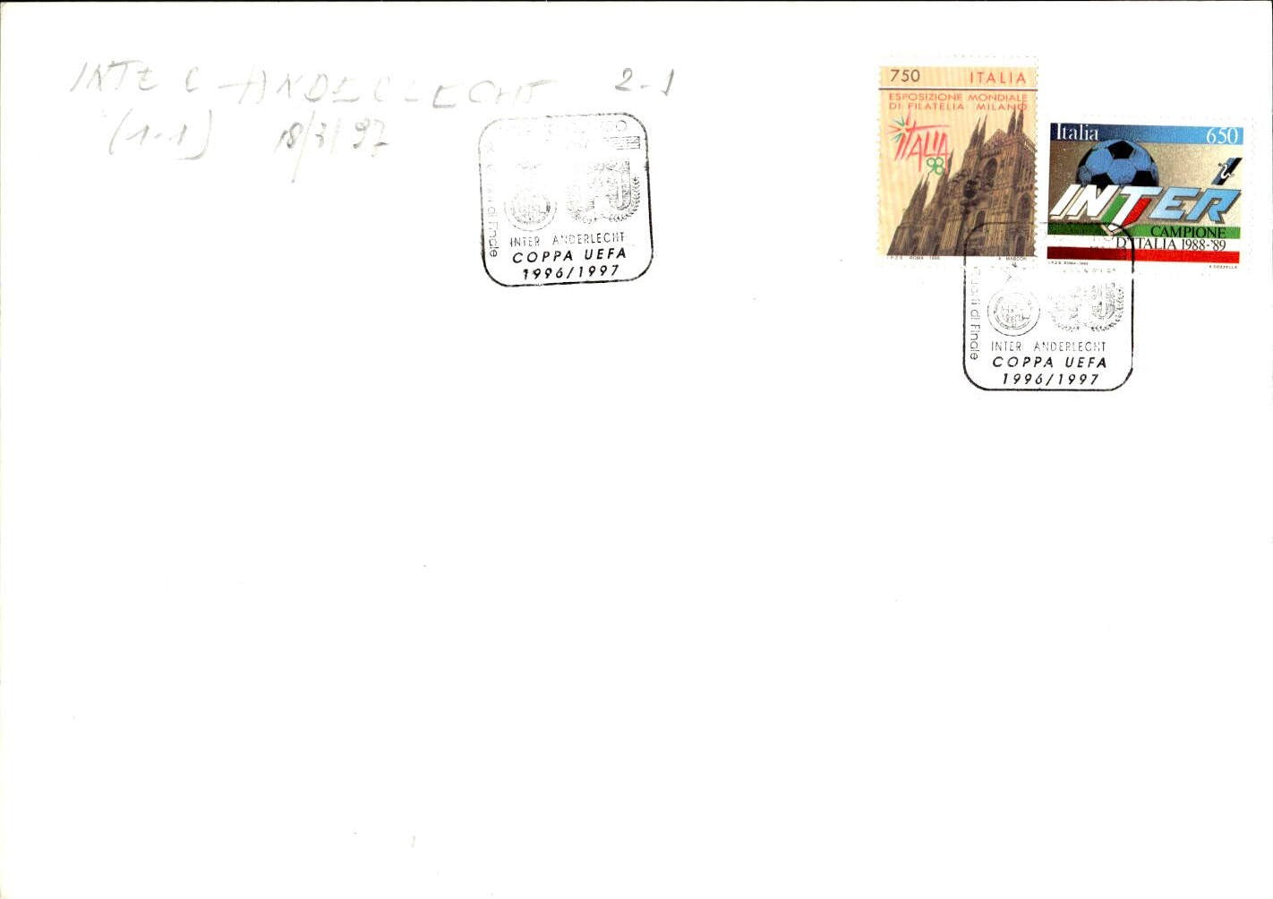 Cartolina Inter Massimo Paganin con autografo stampato Inter-Anderlecht 1996/97