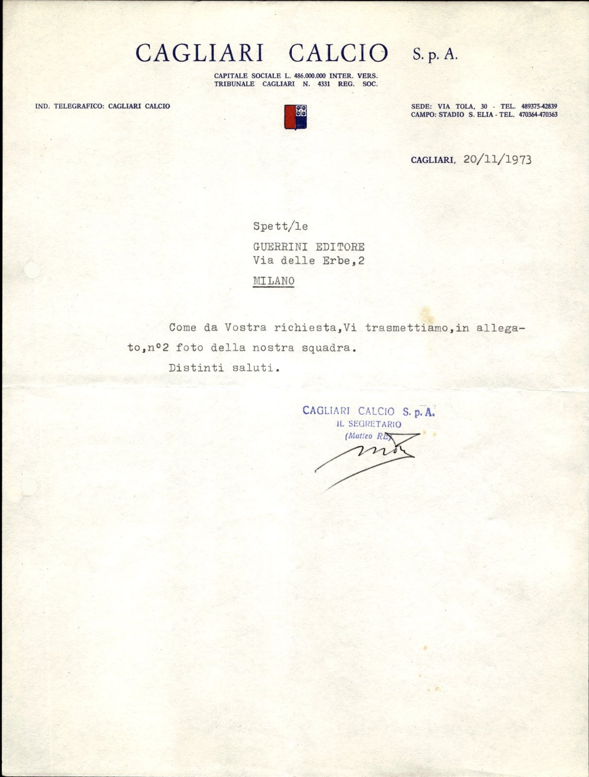 carta intestata societ� sportiva Cagliari Calcio Spa 1973 02