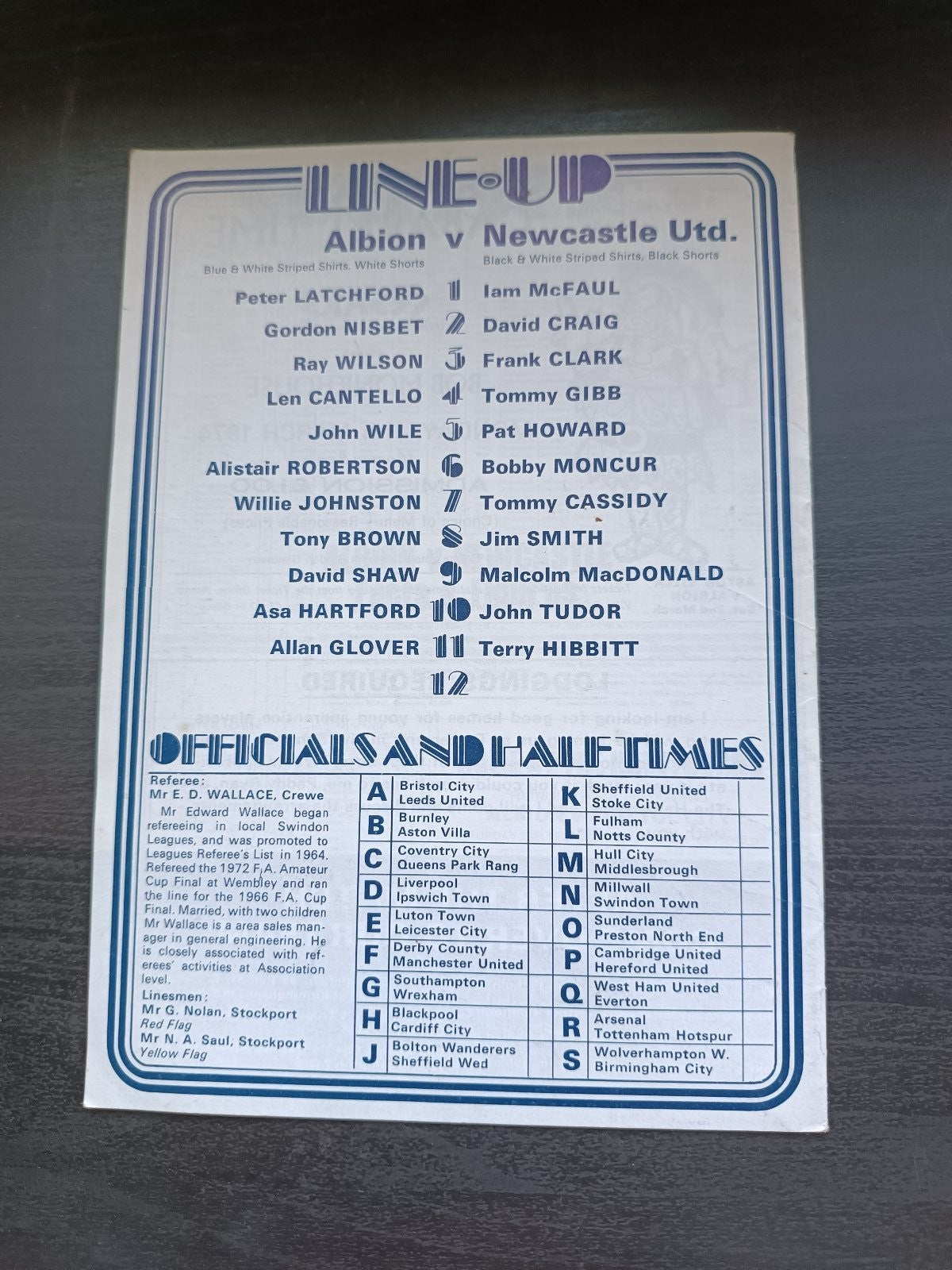 programma calcio Albion V Newcastle 16th 1974
