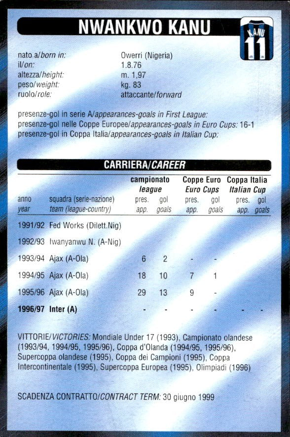 Cartolina calcio Inter calciatore Nwankwo Kanu con autografo stampato