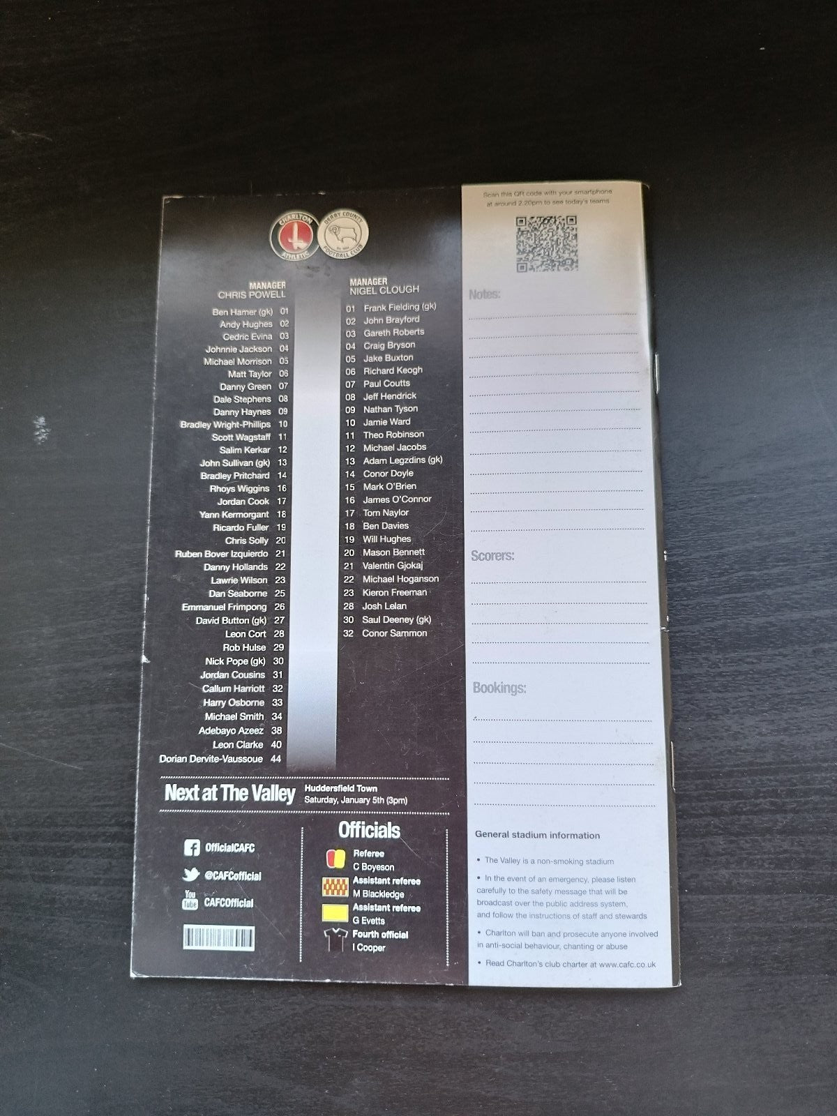 programma calcio Charlton Athetlic V Derby County 29th 2012
