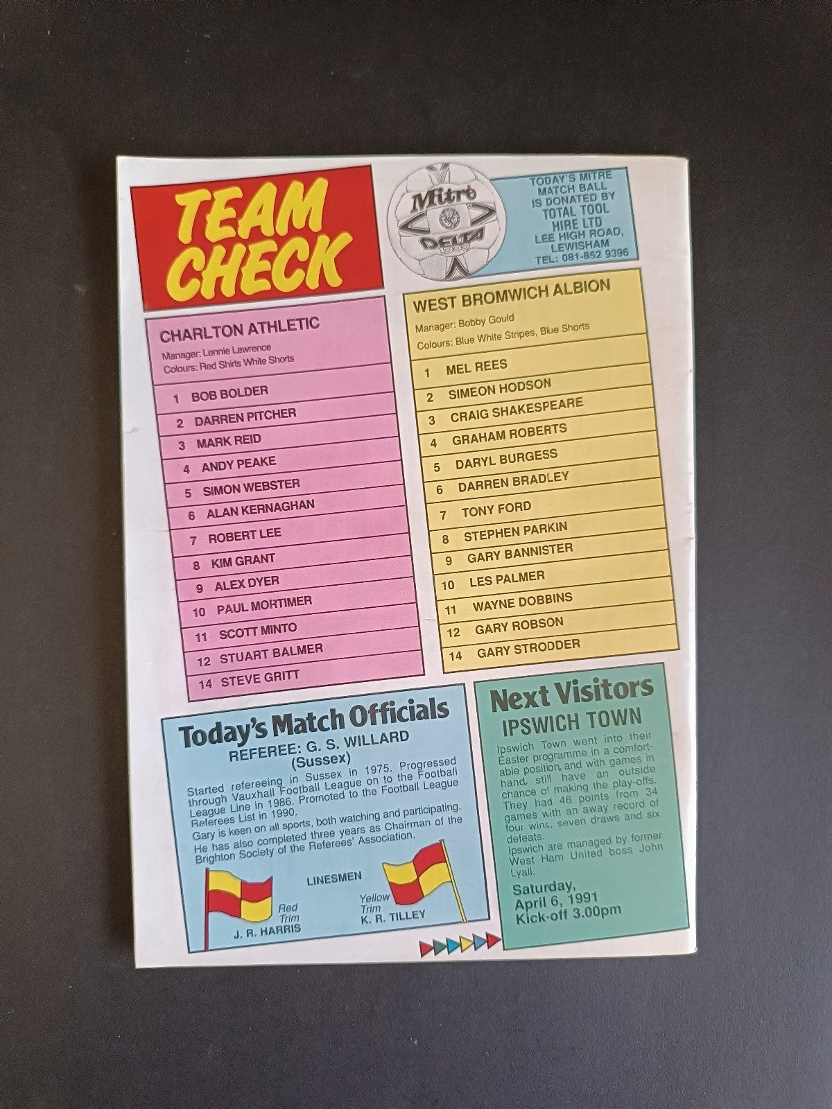 programma calcio Charlton Athletic vs West Bromich A. 91