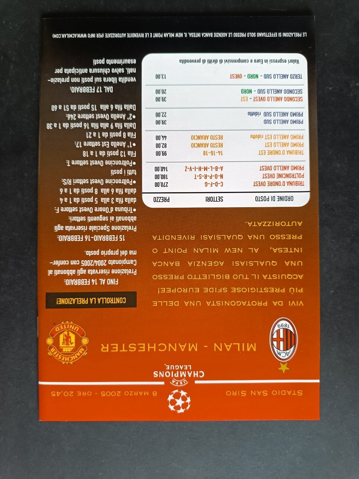 programma Ufficiale MILAN UDINESE 16 gennaio 2005