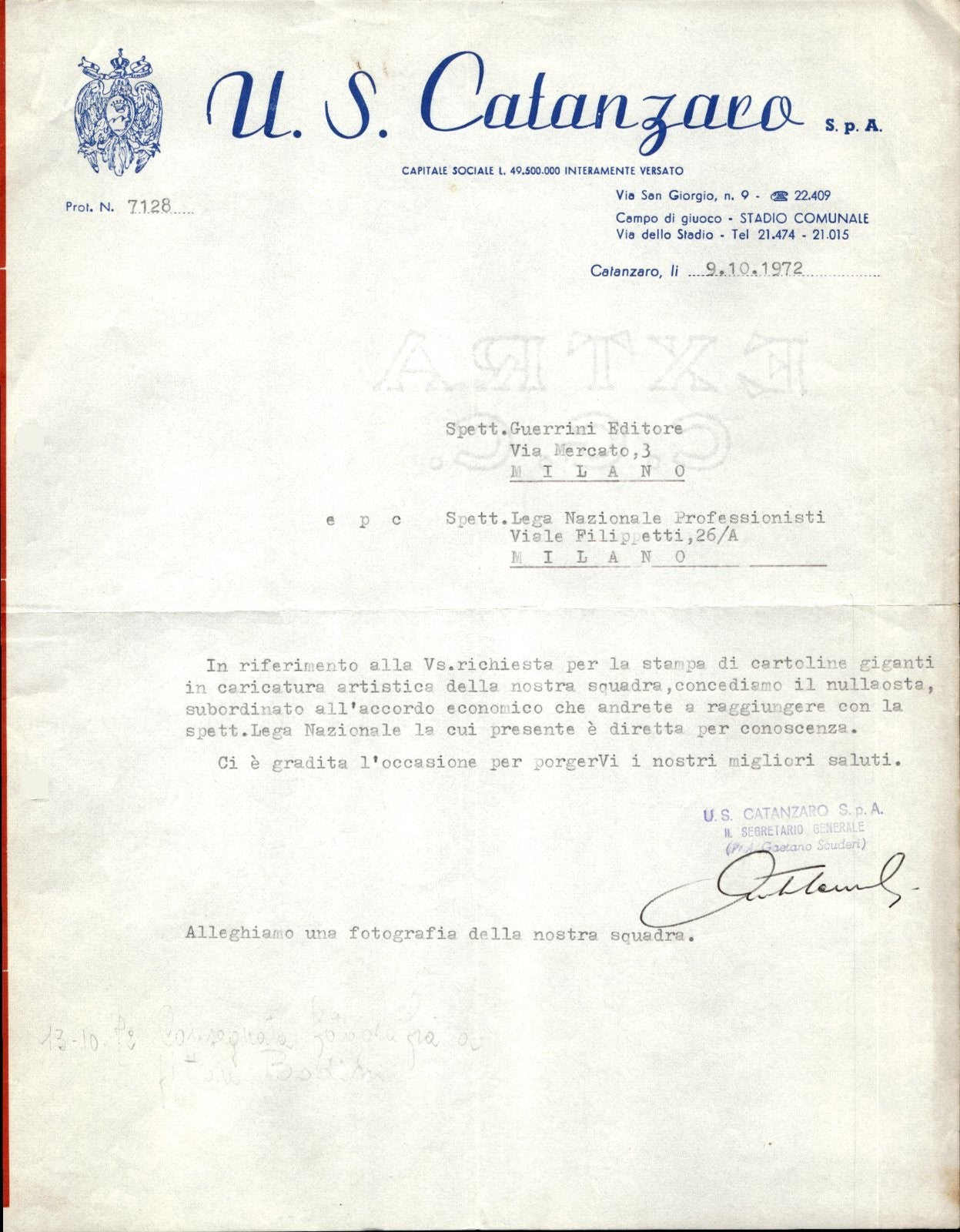 carta intestata societ� sportiva U.S. Catanzaro 1972