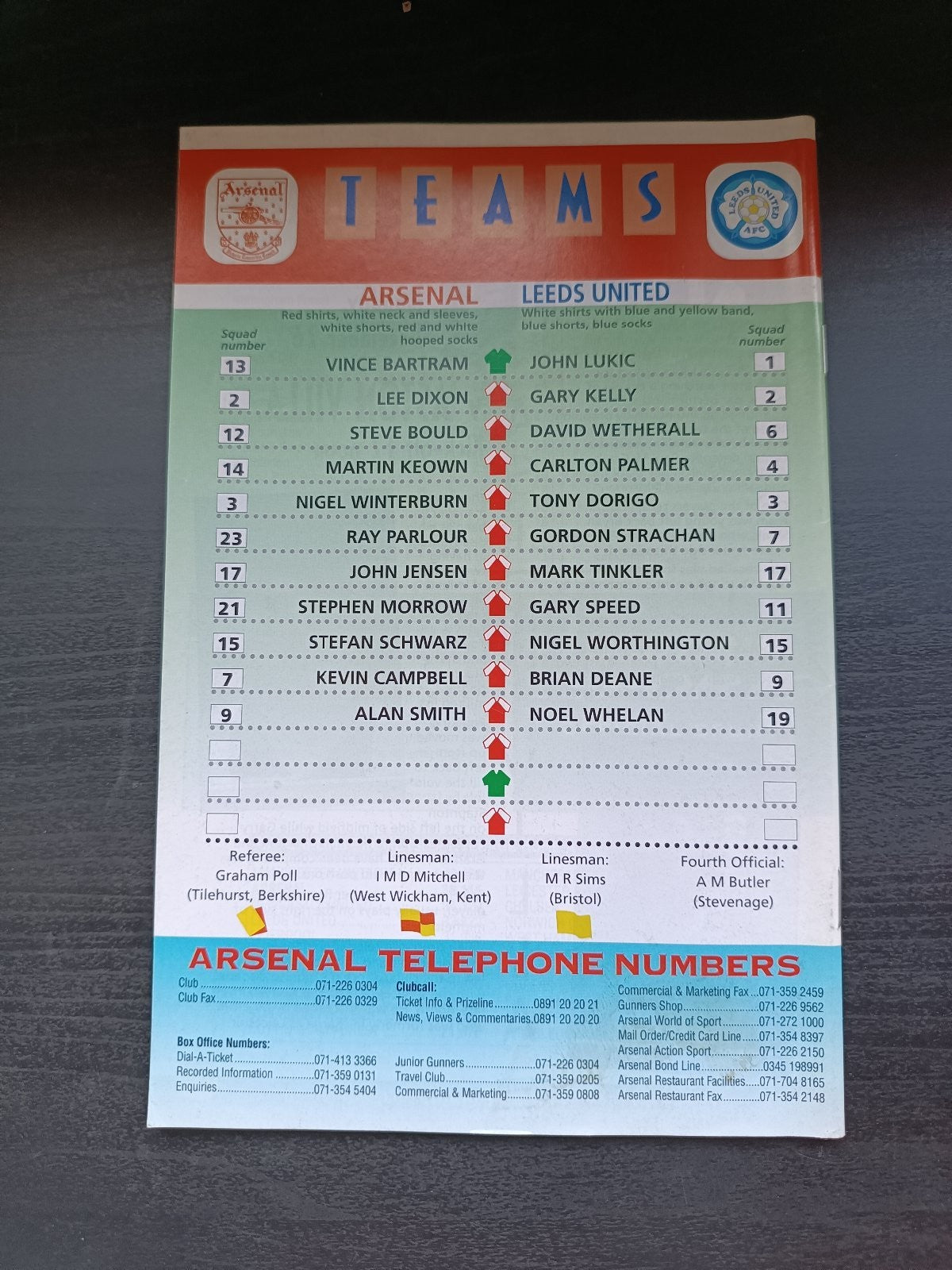 programma calcio Arsenal V Leed United 17th 1994