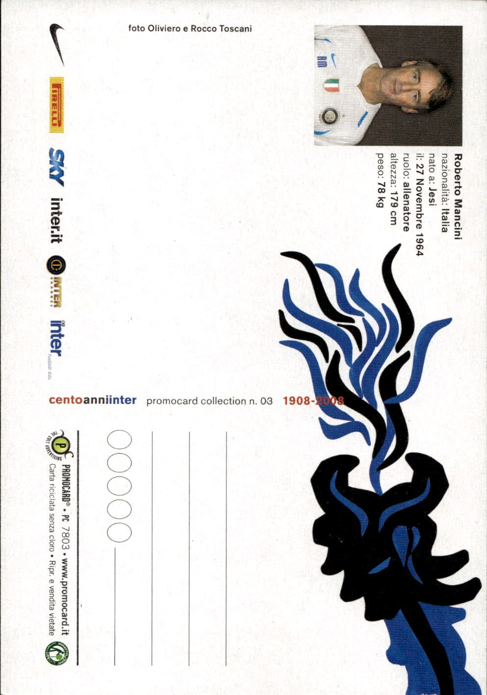 cartolina calciatori 100 anni Inter Mancini