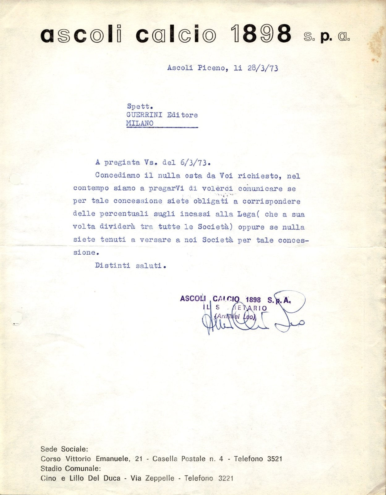 carta intestata societ� sportiva Ascoli Calcio 1898 spa 1979