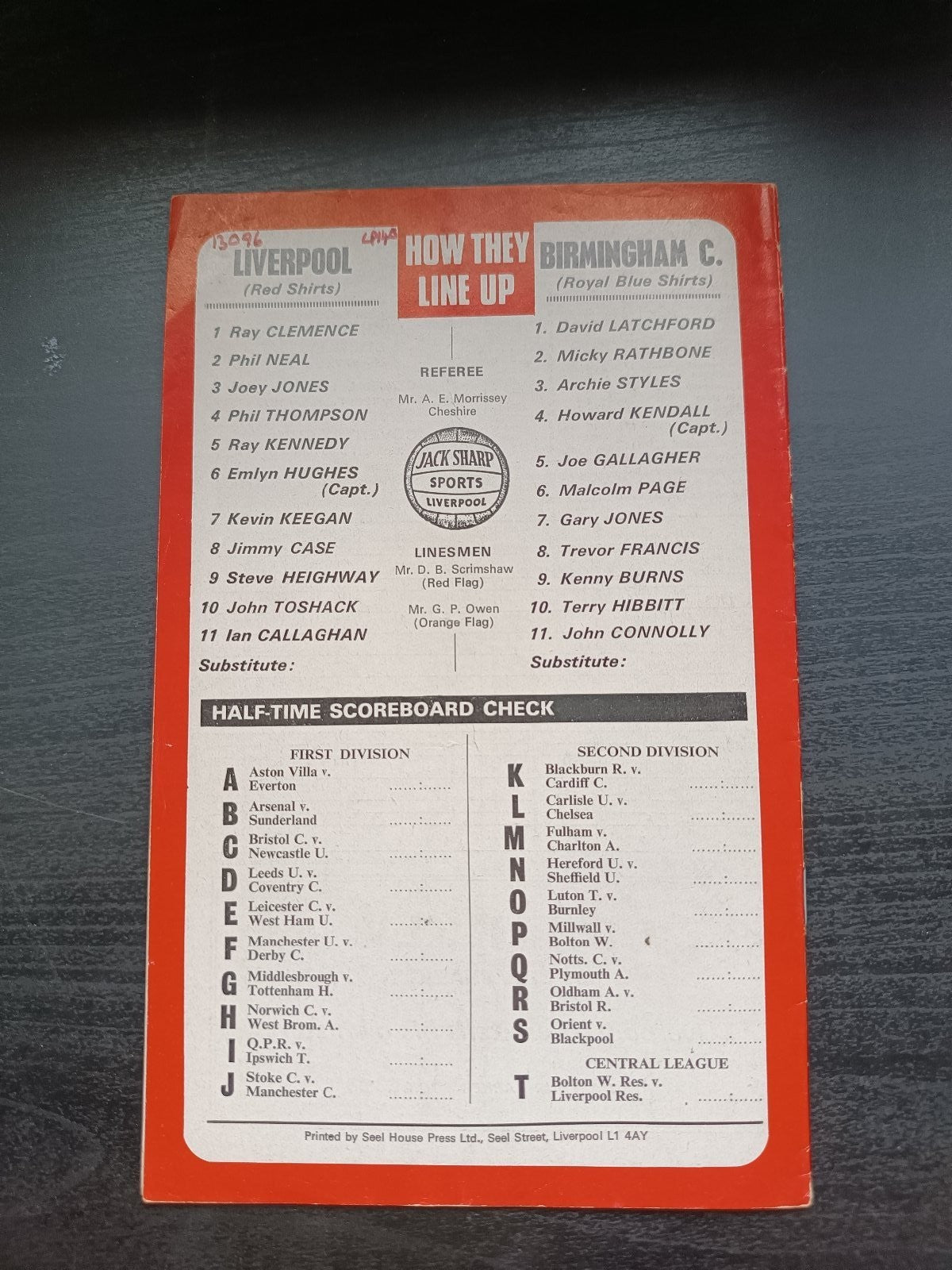 programma calcio Liverpool V Birmingham 5th 1977