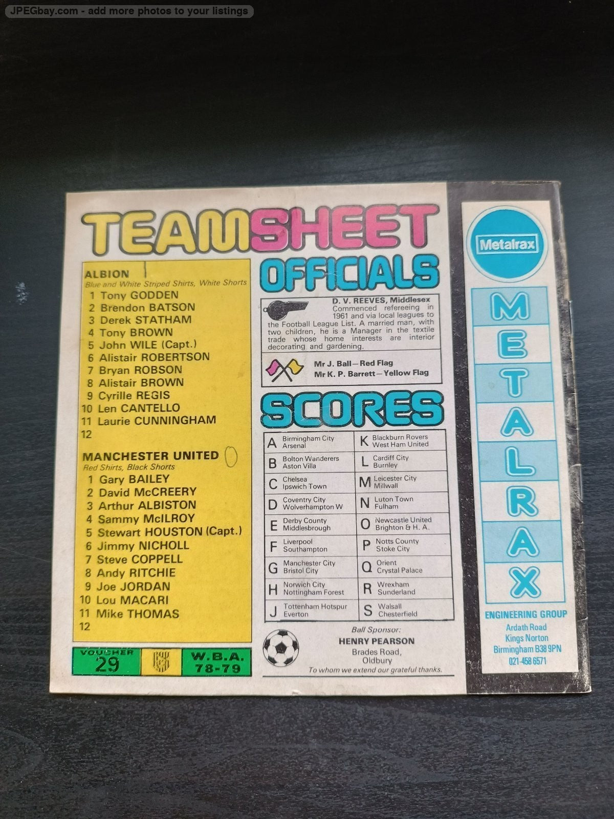 programma calcio Albion V Manchester United 5th 1979