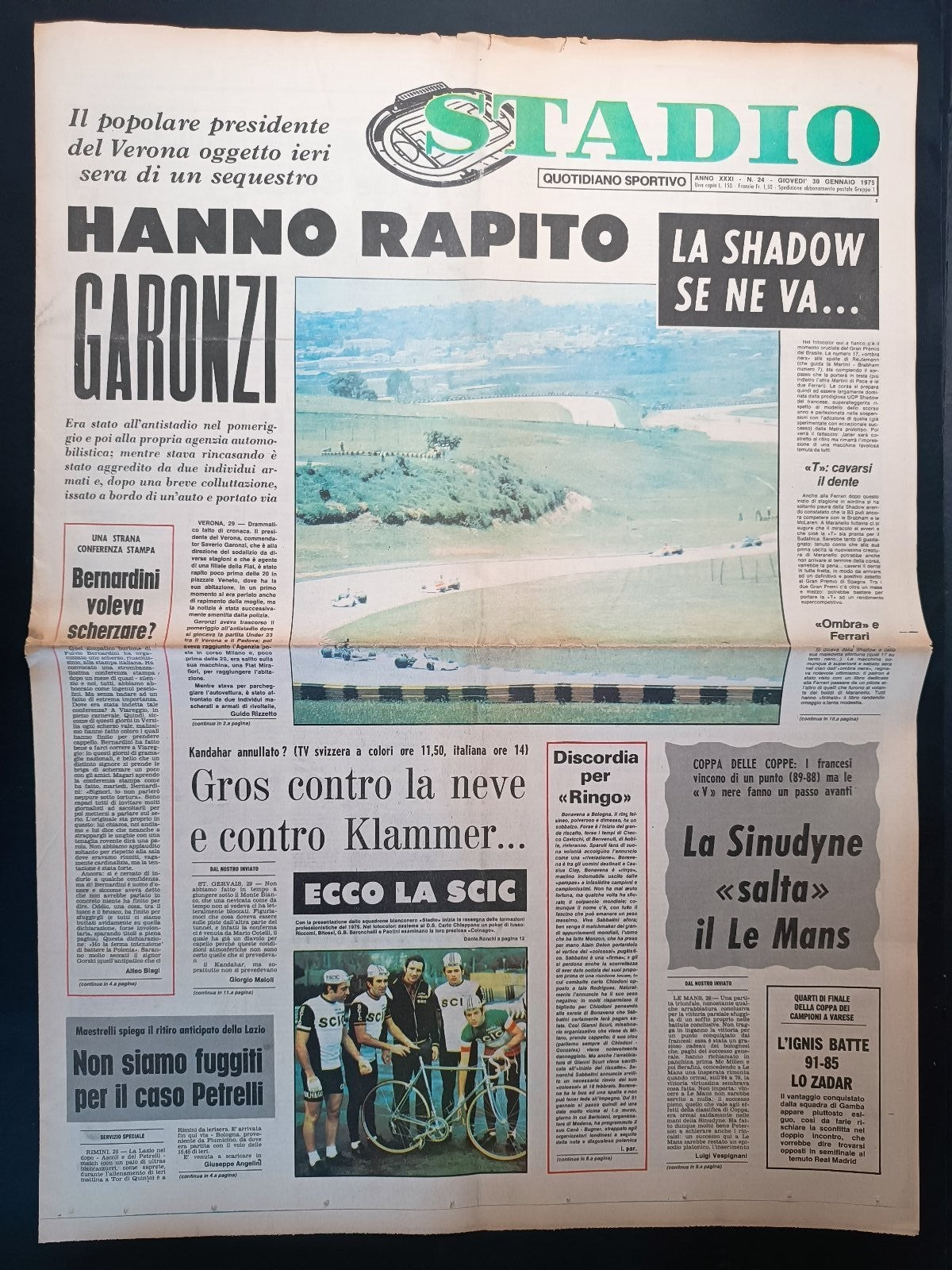 Quotidiano Sportivo STADIO numero 24 anno 1975 - Garonzi rapito
