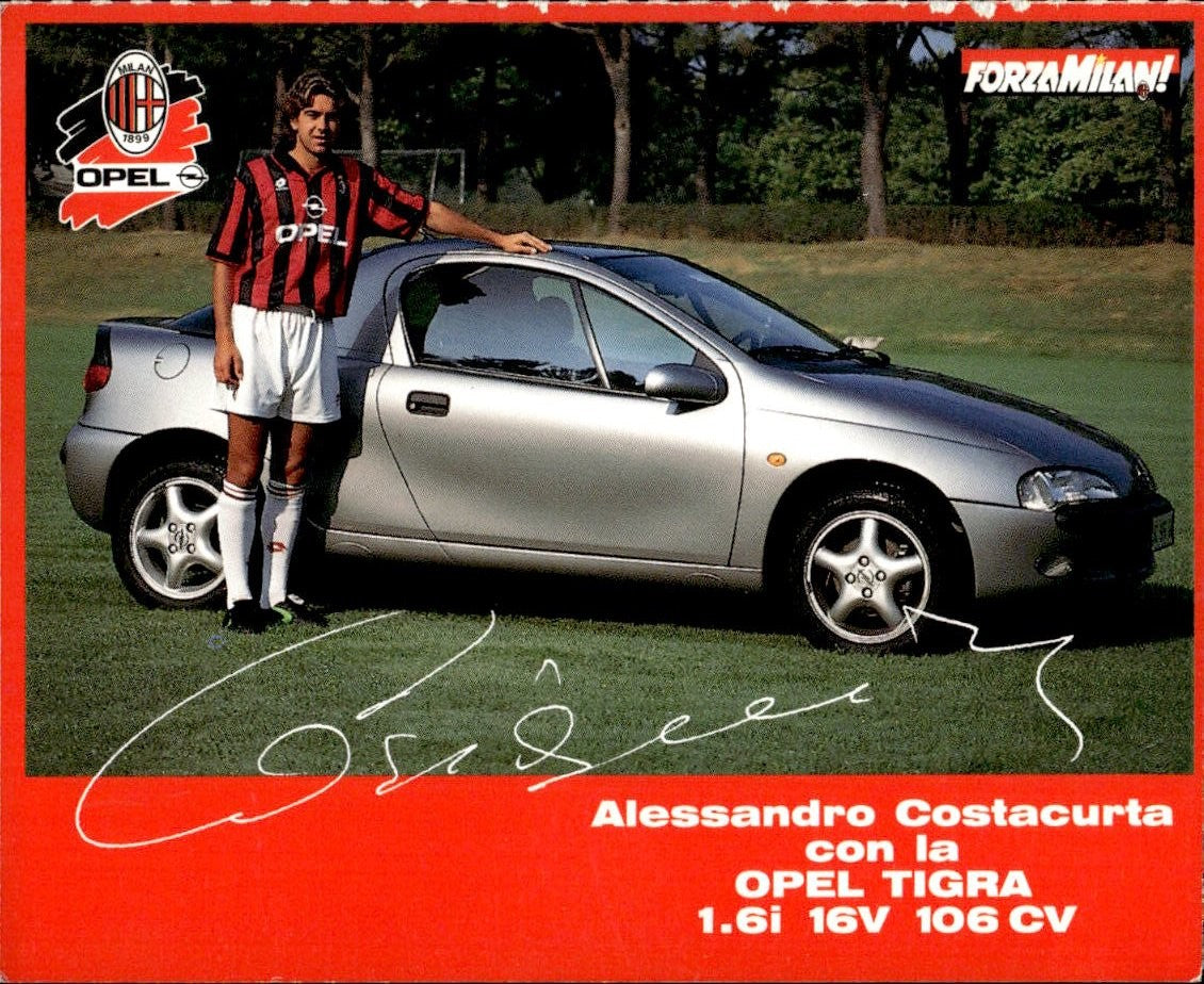 cartolina calciatori Costacurta con Opel Tigra