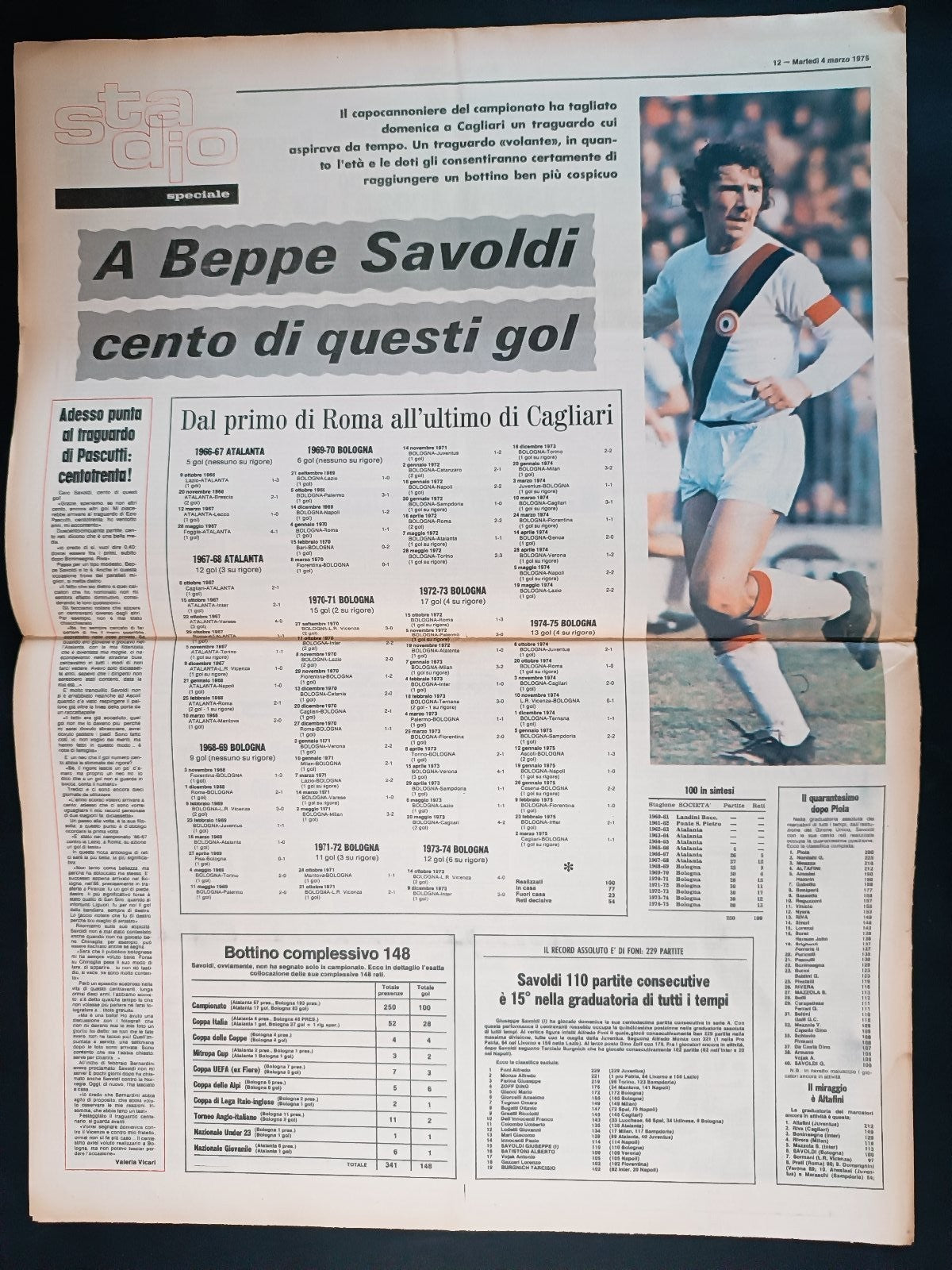 Quotidiano Sportivo STADIO numero 52 anno 1975 - Chinaglia