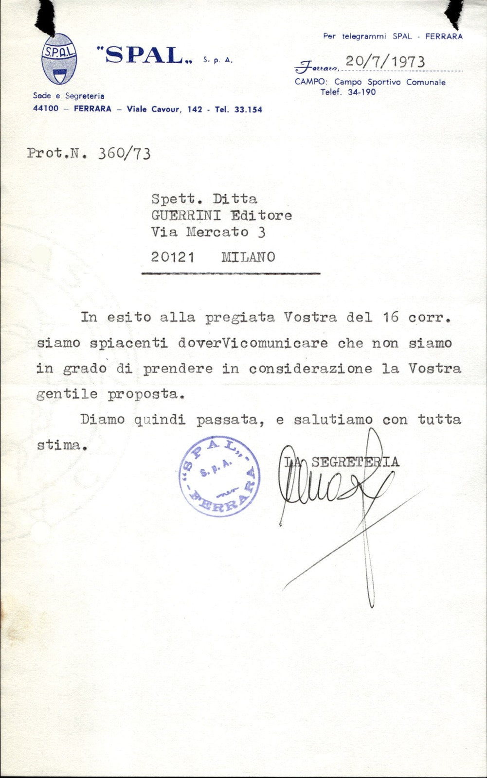 carta intestata societ� sportiva Calcio Spal 1973