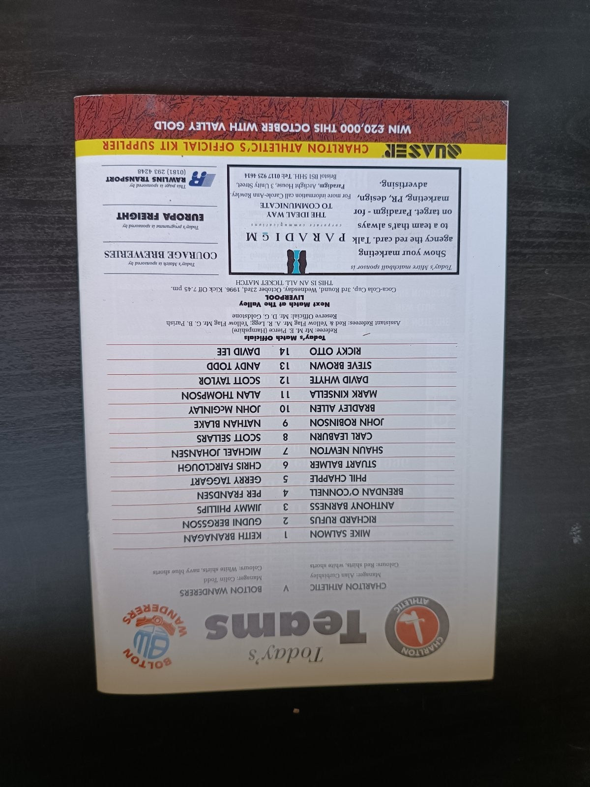 programma calcio Charlton Athetlic V Bolton Wanderers 19th 1996