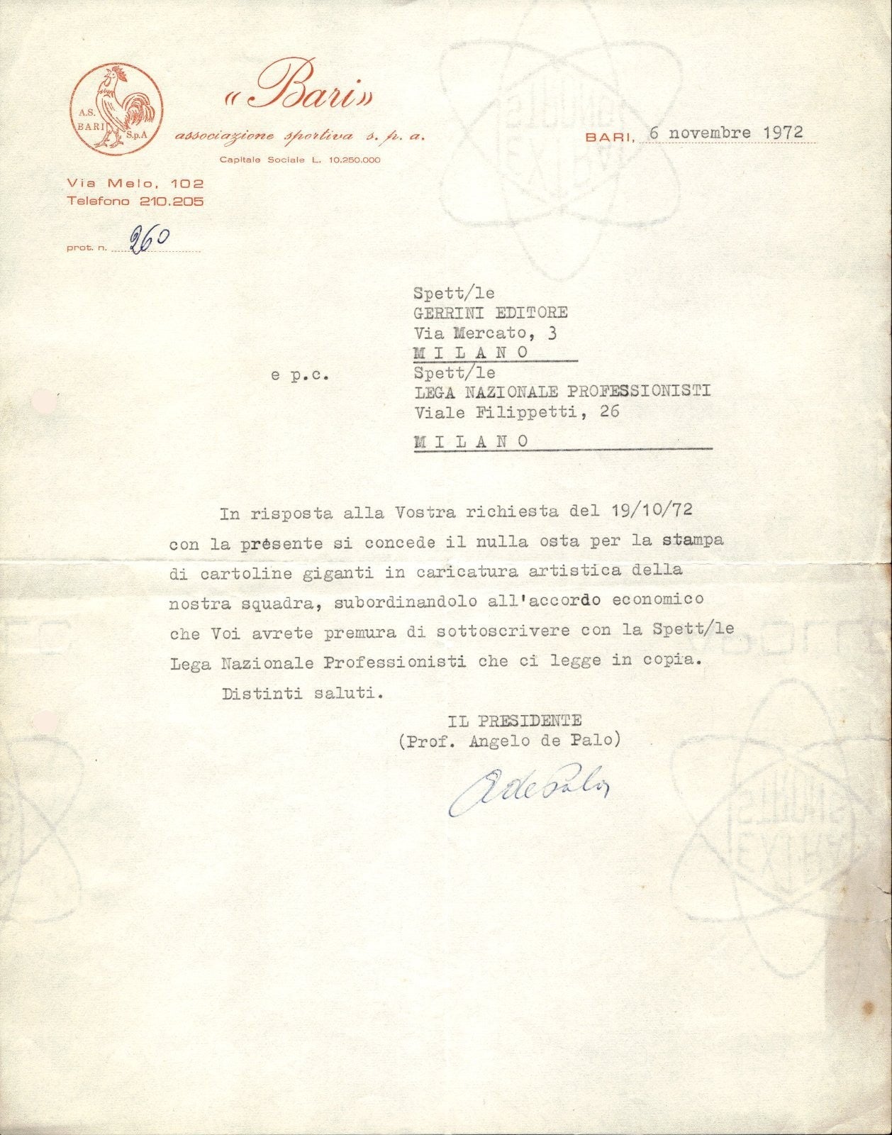 carta intestata societ� sportiva Bari Spa 1972