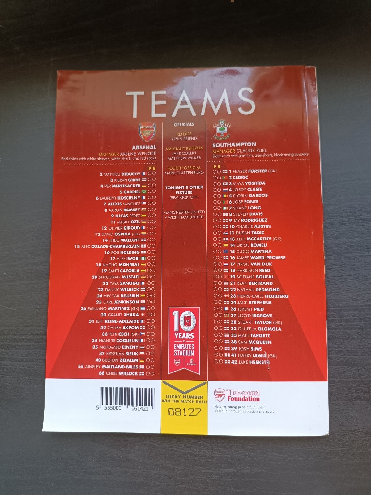 programma calcio Arsenal V Southampton 30th 2016