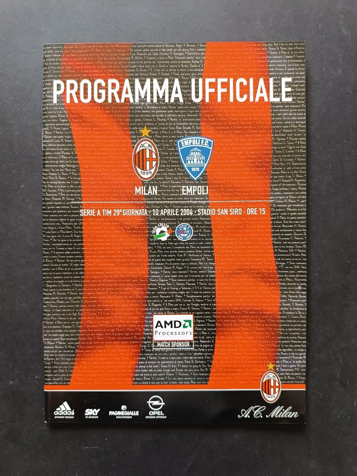 programma Ufficiale MILAN EMPOLI 10 aprile 2004