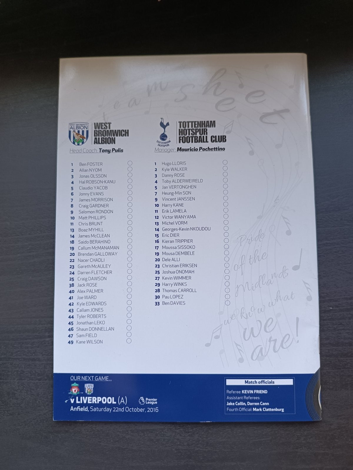 programma calcio Albion V Tottenham Hotsput 15th 2016