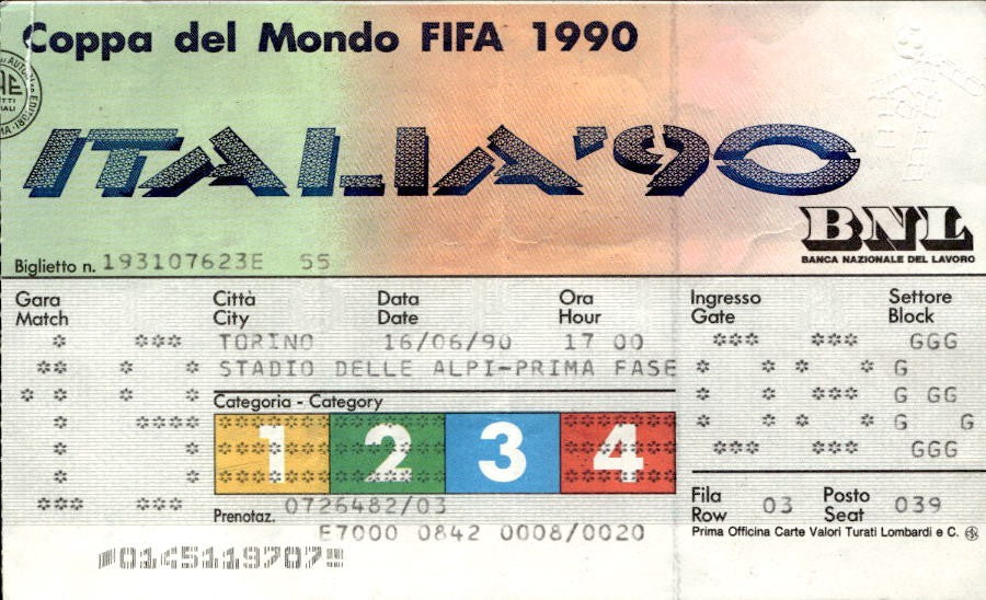 biglietto Ticket Coppa del Mondo Italia '90 Brasile Costa Rica Torino 16/06/90
