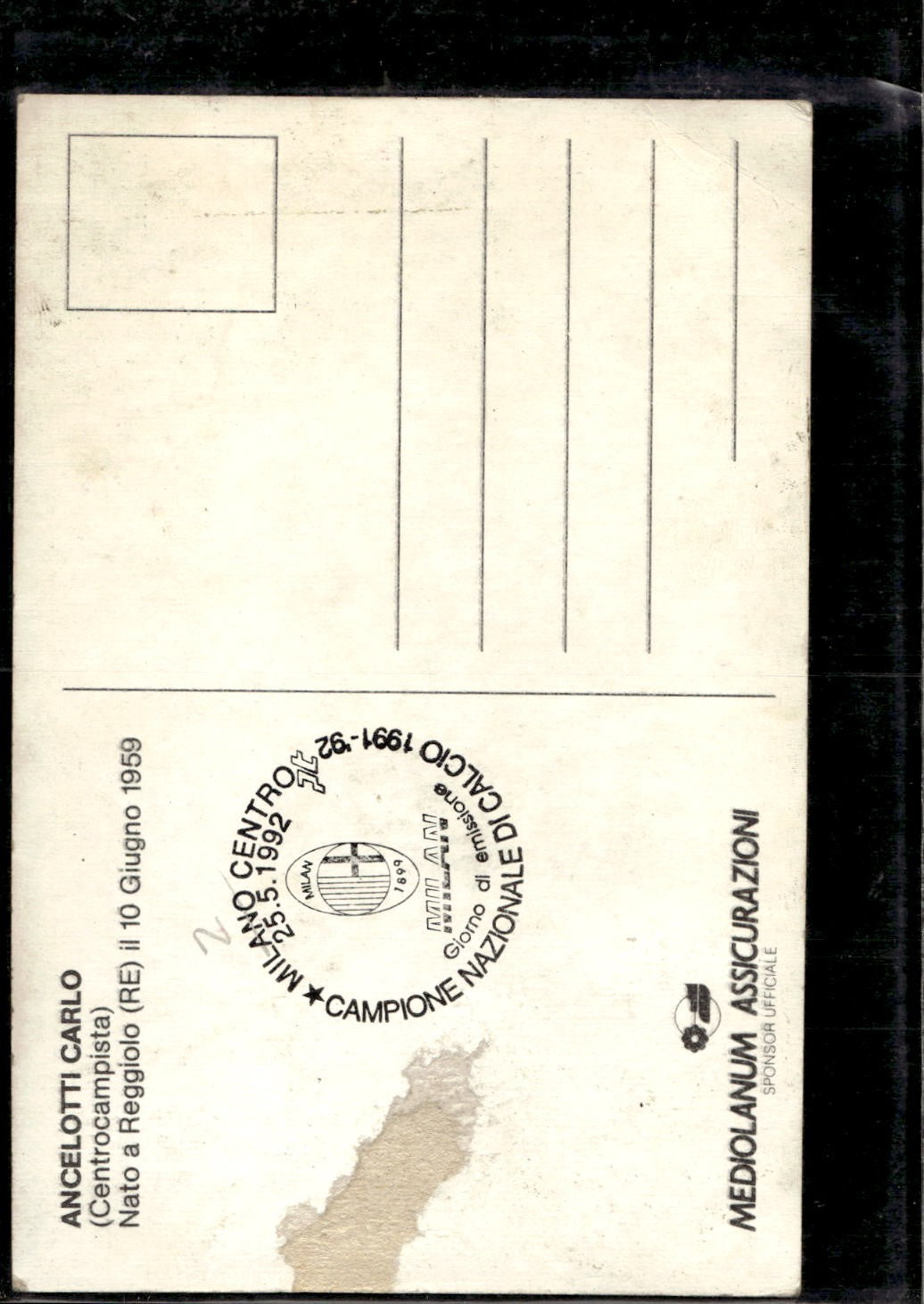 cartolina postcard calcio Milan Carlo Ancelotti 1992