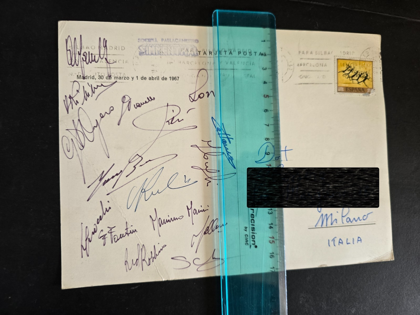 SIMMENTHAL Olimpia Milano Basket cartolina viaggiata autografata Coppa Campioni