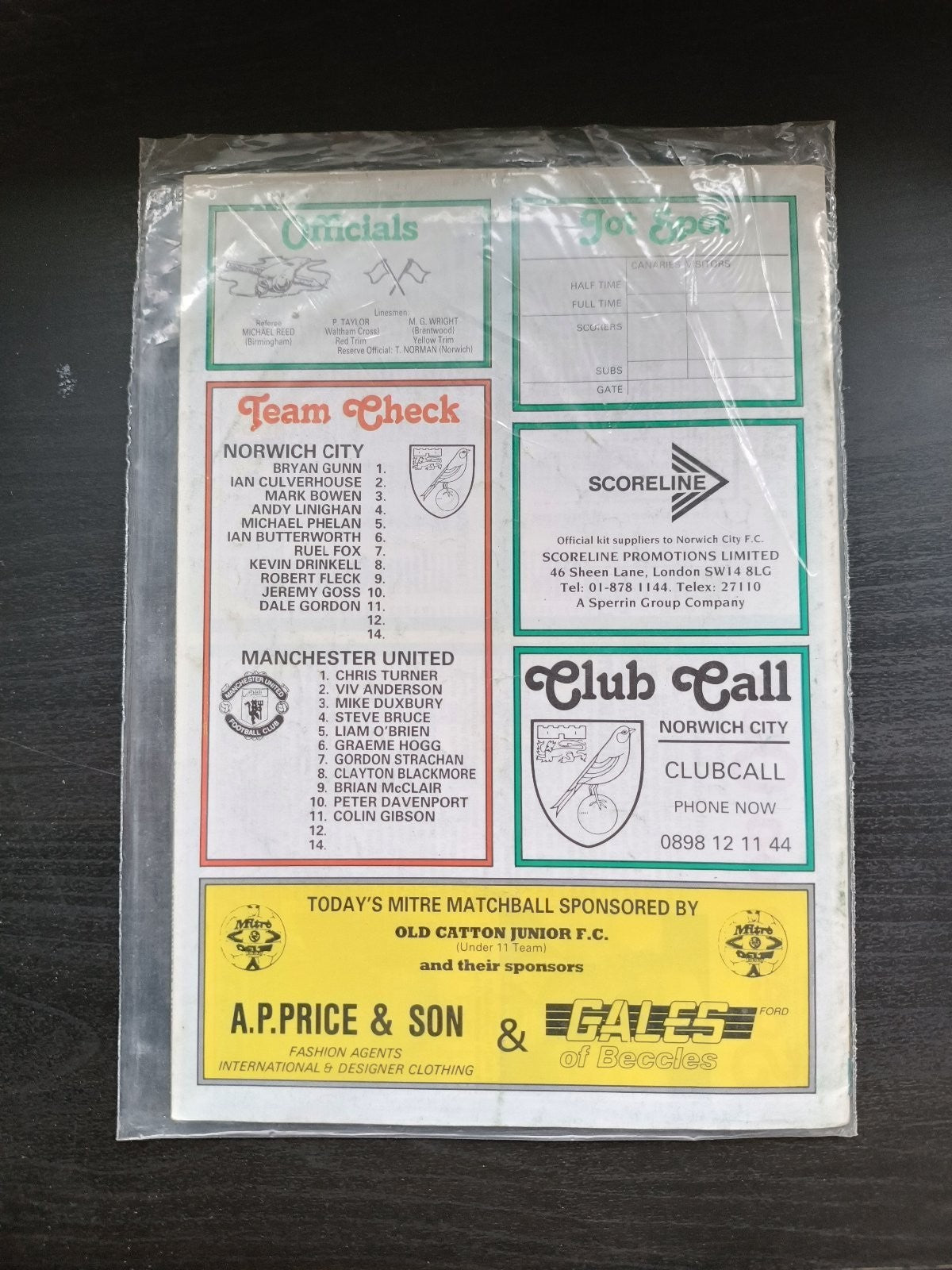 programma calcio Canary V Manchester 5th 1988