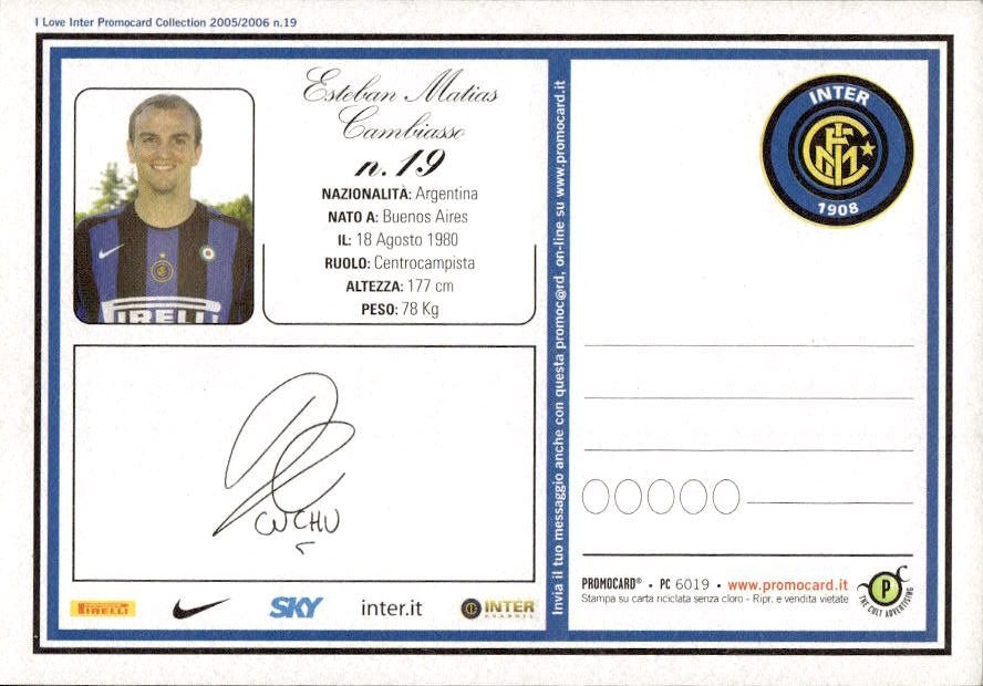 Cartolina calcio calciatore Inter Walter Adri�n Samuel con autografo stampato