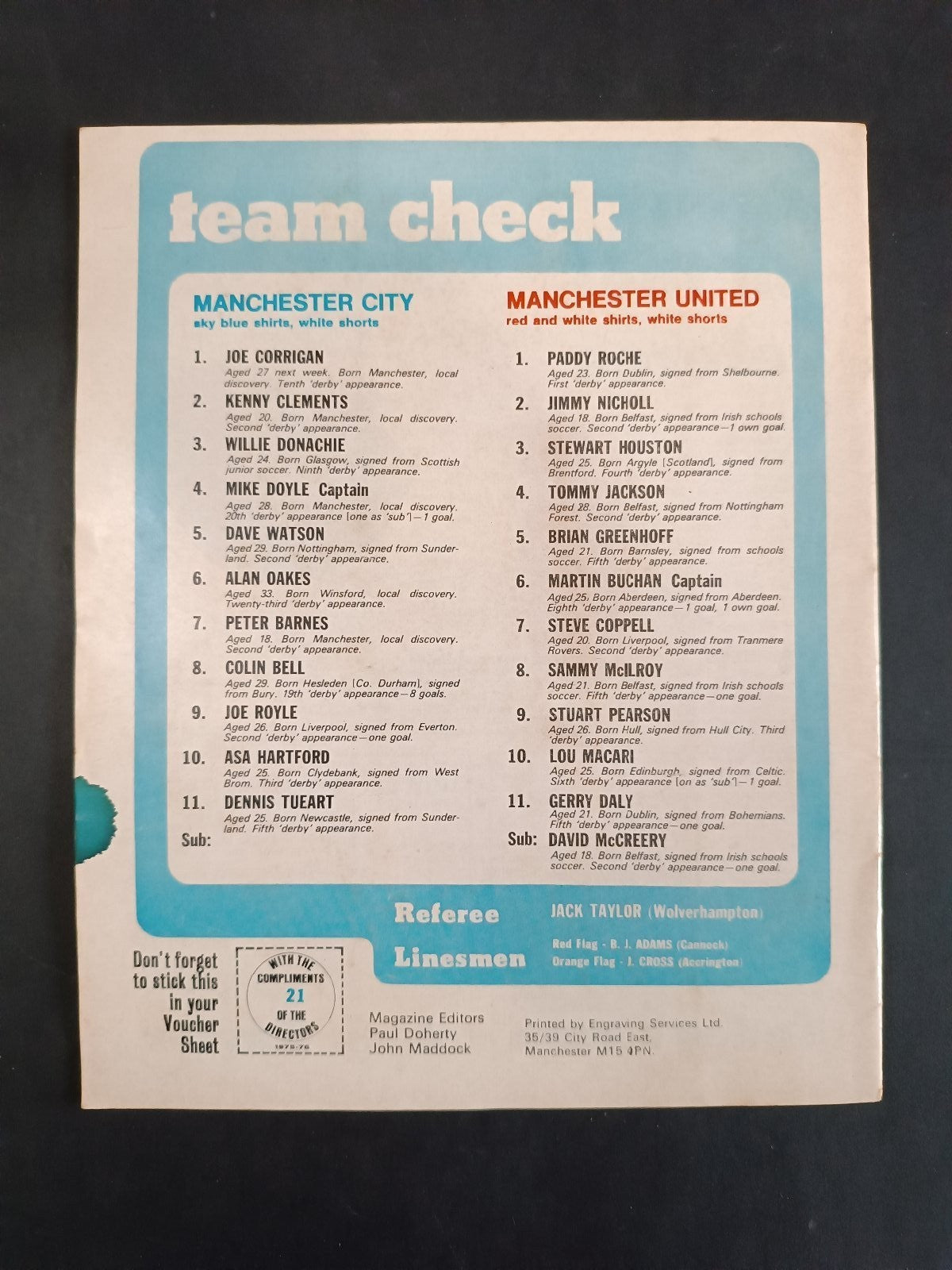 programma SPECIAL MATCH DAY MAGAZINE numero 4 anno 1975 City vs Manchester