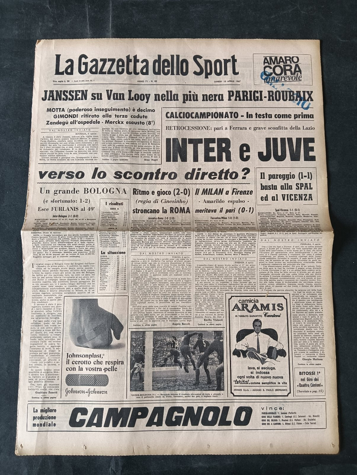 Quotidiano LA GAZZETTA DELLO SPORT n 83 10/04/1967 Van Looy