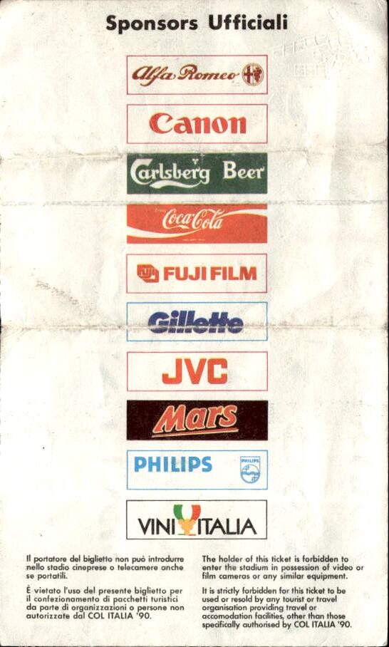 biglietto Ticket Coppa del Mondo Italia '90 Brasile-Svezia Torino 10/06/90(1)