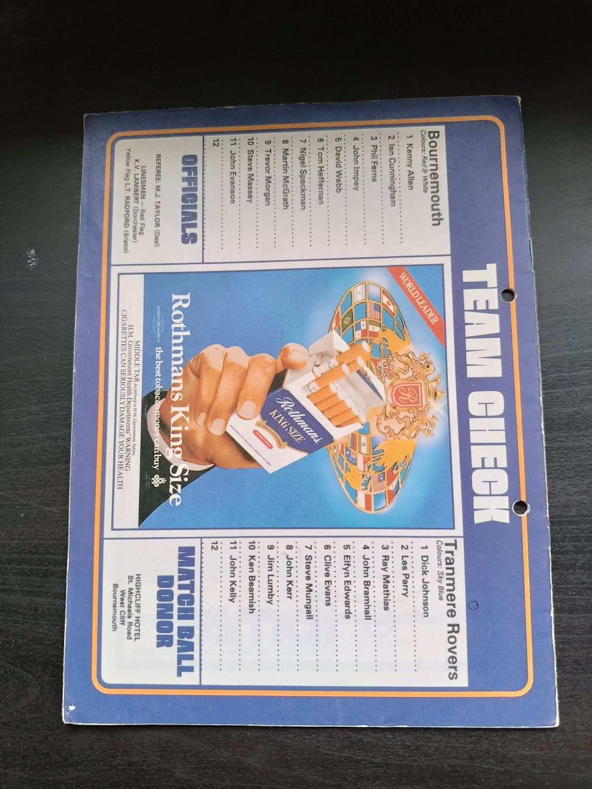 programma calcio AFC Bournemouth V Tranmere Rovers 13th 1980