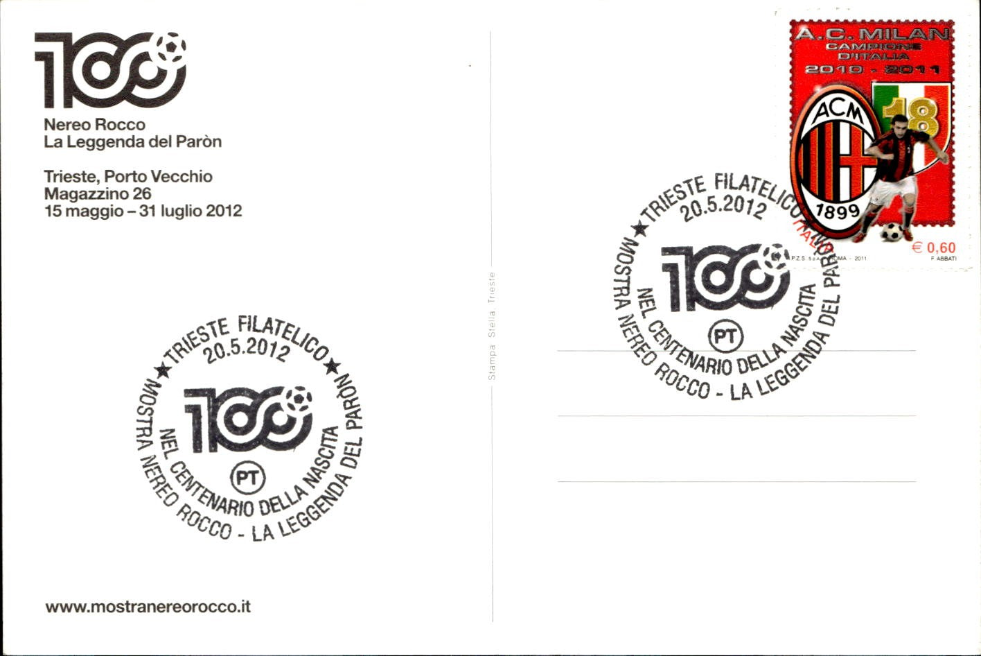 cartolina postcard calcio Milan 100 Nereo Rocco 2012 (1