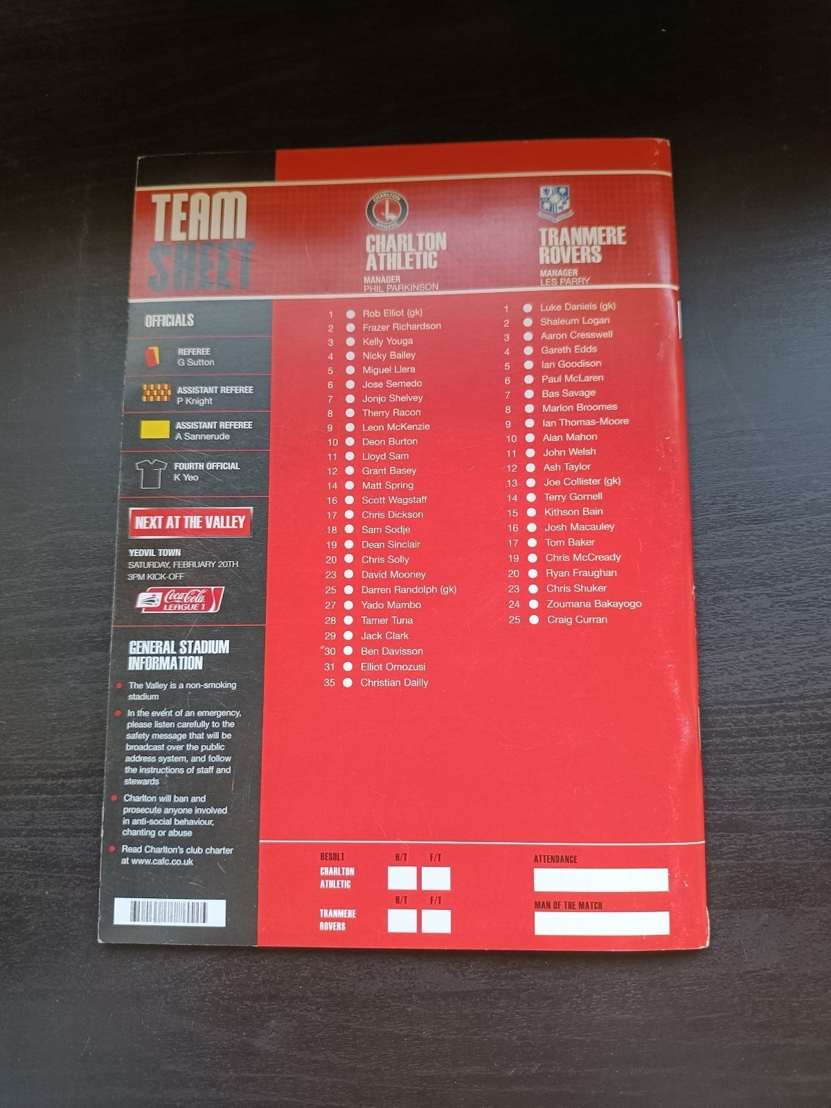 programma calcio Charlton Athetlic V Tranmere Rovers 30th 2010