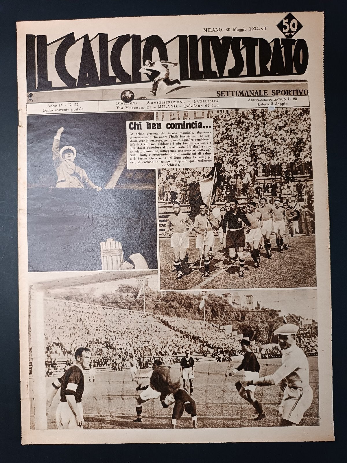 Rivista IL CALCIO ILLUSTRATO numero 22 anno 1934 Mondiali Italia