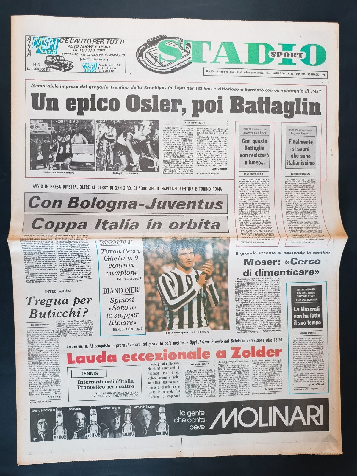 Quotidiano Sportivo STADIO SPORT numero 20 anno 1975 - Osler