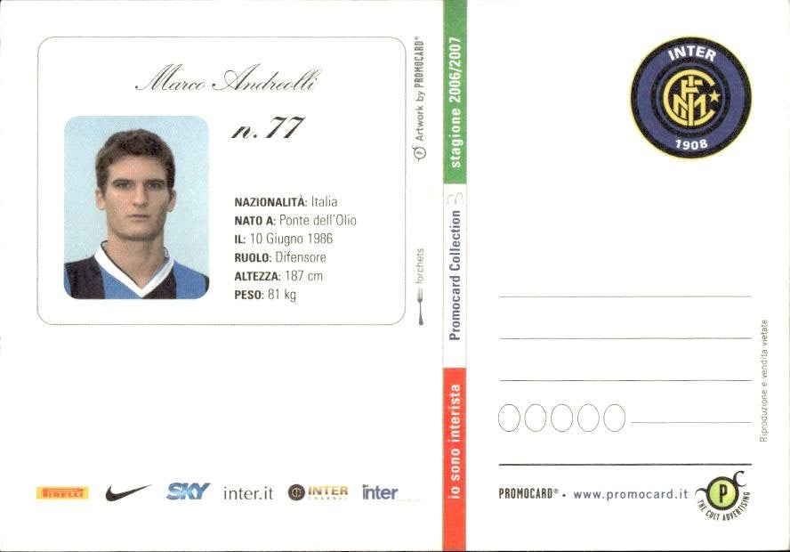 Cartolina calciatore Inter Marco Andreolli con autografo stampato