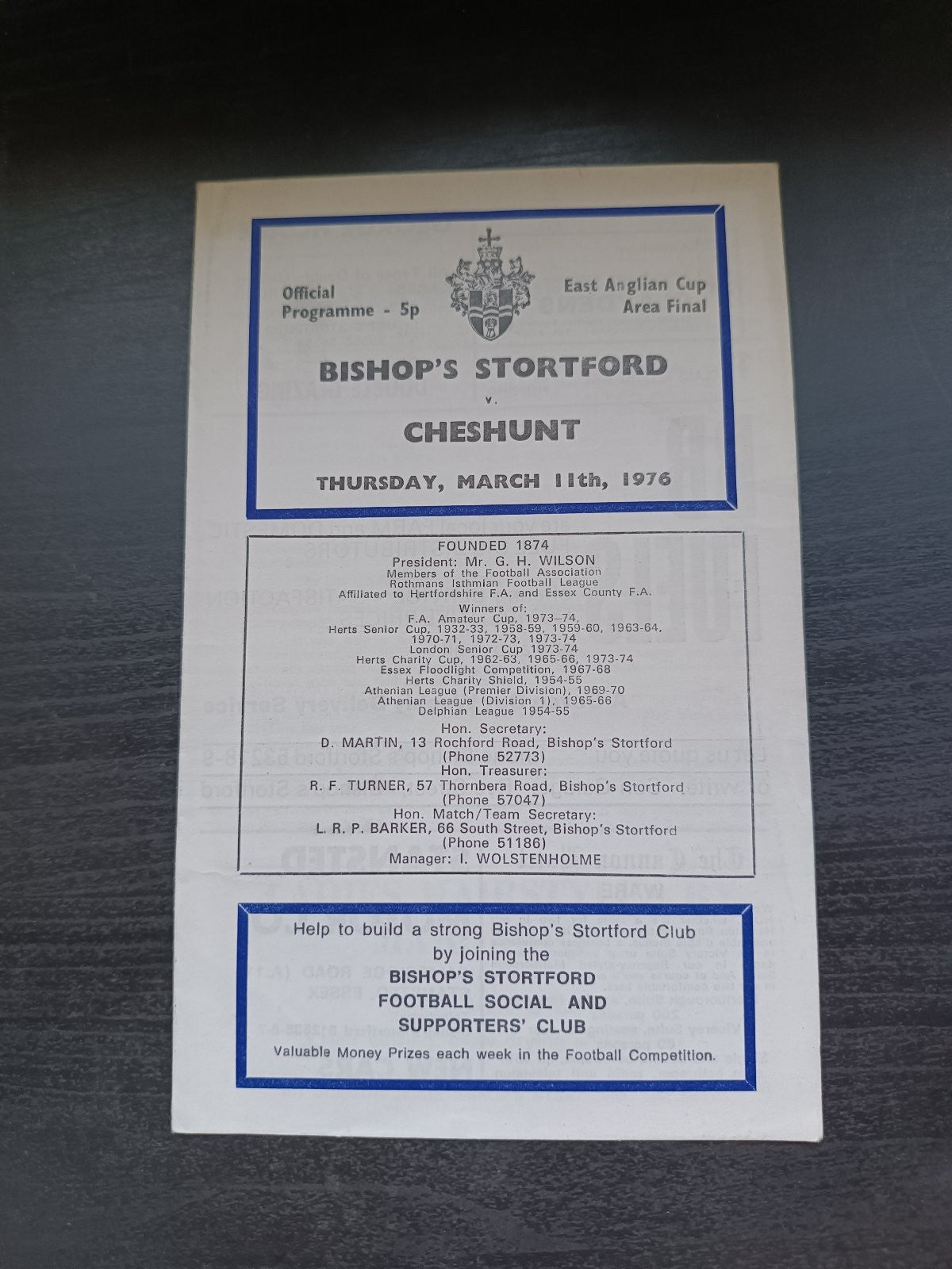 programma calcio Bishop's Stortford V Cheshunt 11th 1976