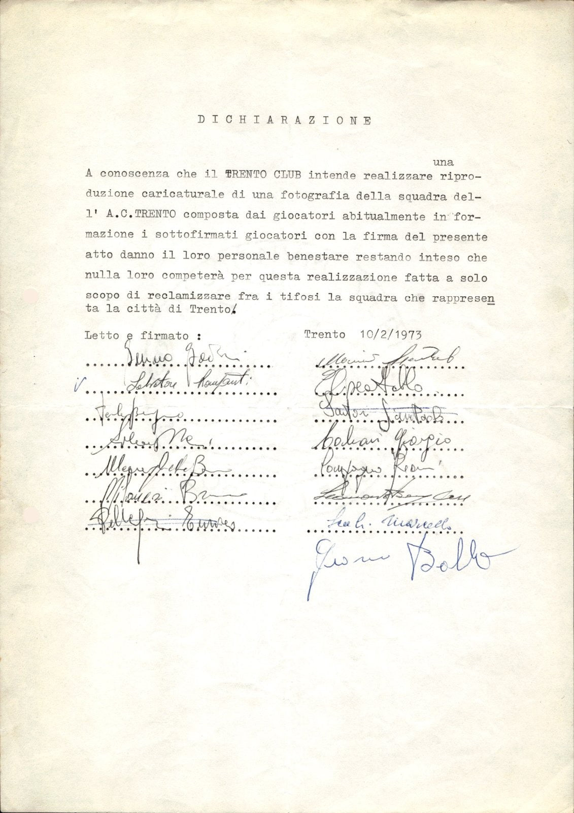 carta intestata societ� sportiva Dichiarazione con Firme Trento Club 1973