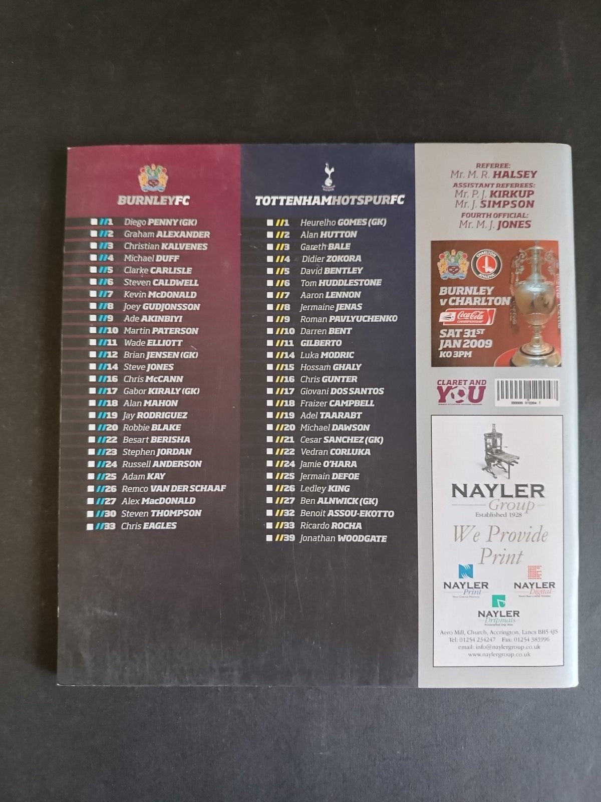 programma calcio Burnley vs Tottenham Hotspur 2009