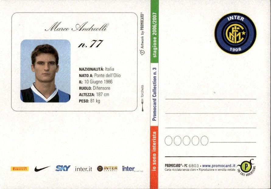 Cartolina calciatore Inter Marco Andreolli con autografo stampato