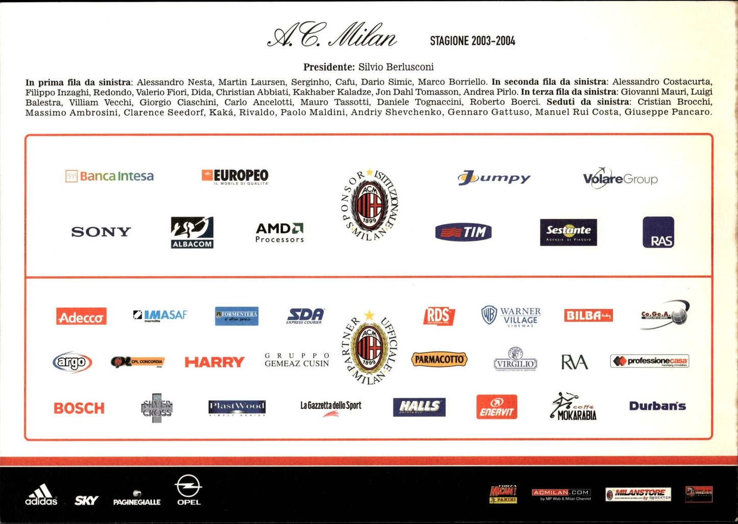 cartolina postcard calcio MILAN 2003-2004