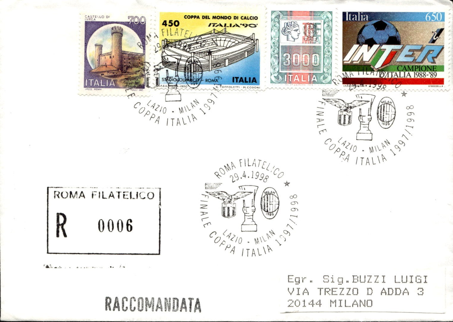 busta per cartolina postcard Calcio Milan Lazio Finale Coppa Annullo 29-4-1998