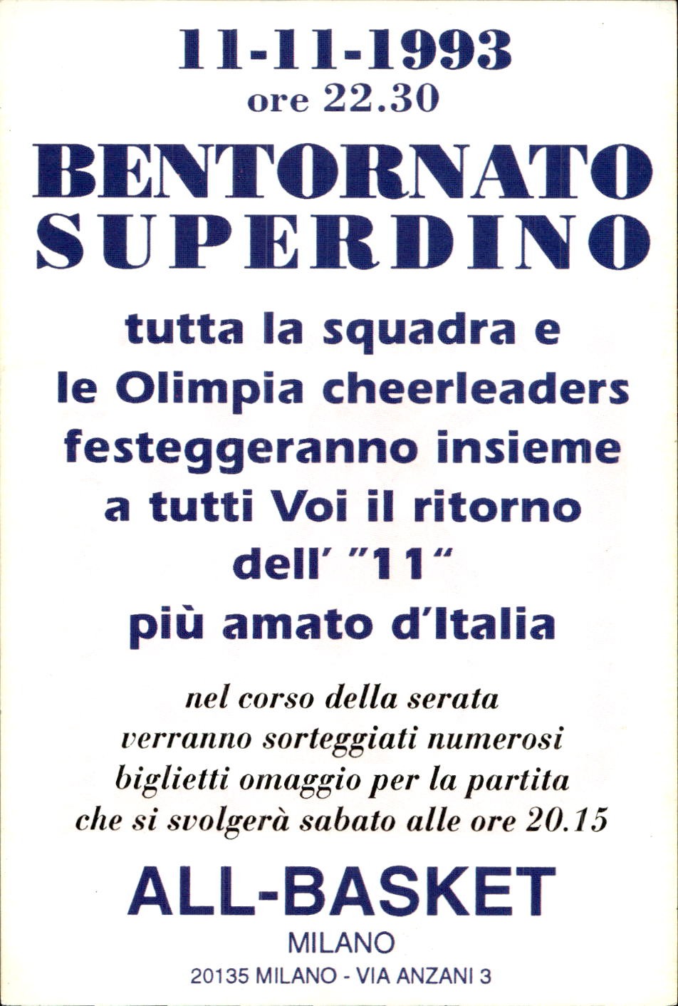 cartolina postcard Basket Bentornato SuperDino 1993