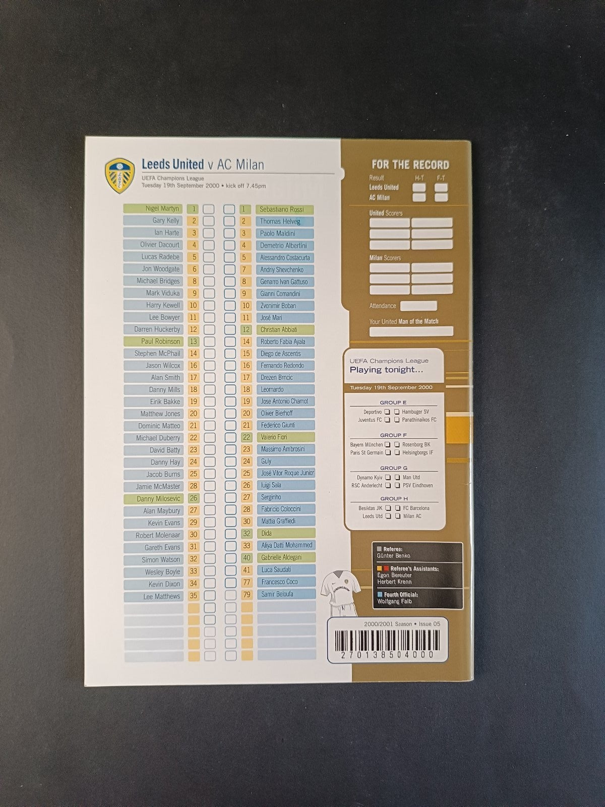 Programma originale champions league 2000 Leeds United Milan AC