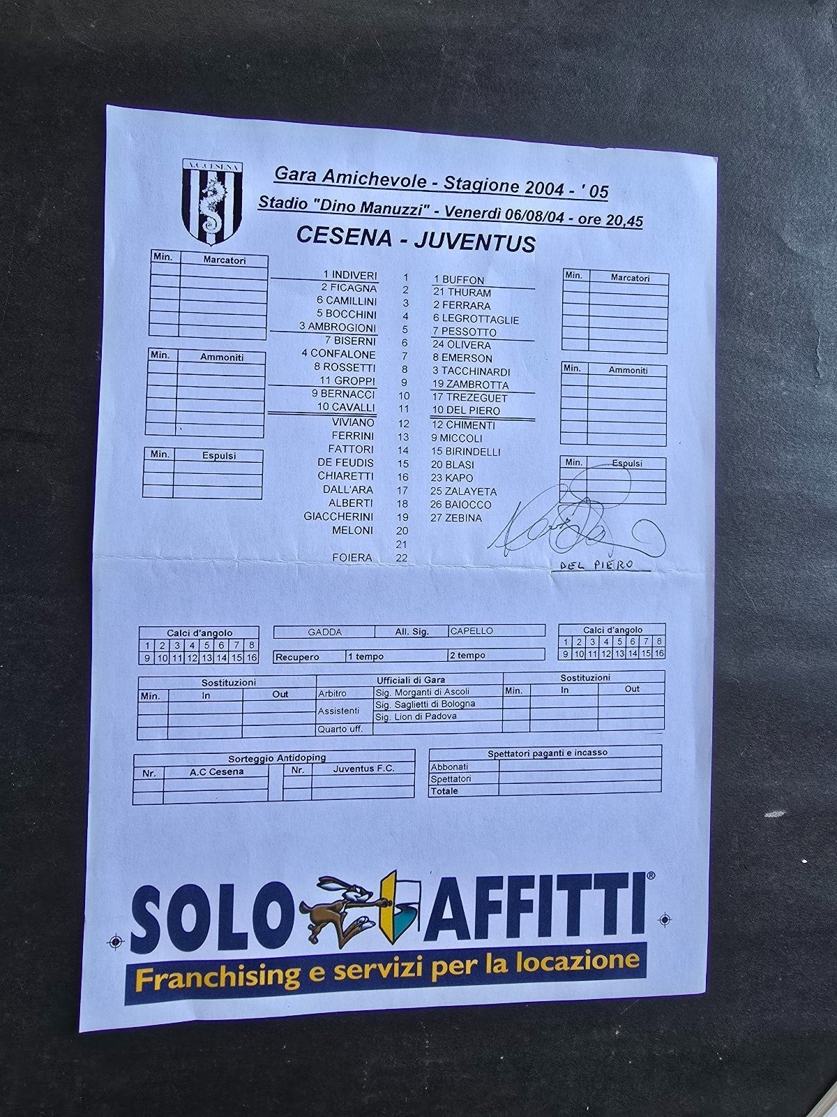 Autografo autograph originale su programma Match Alessandro Del Piero