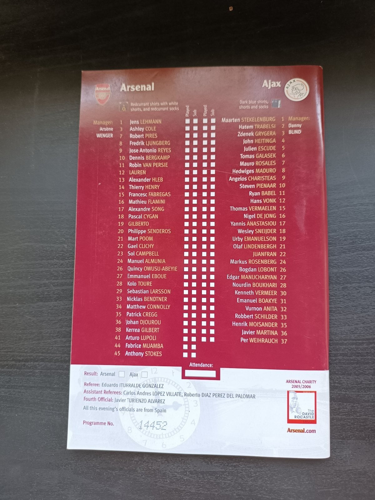 programma calcio Arsenal V Ajax 7th 2005