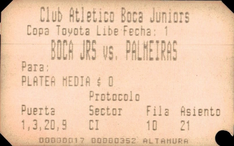 biglietto stadio BOCA JRS VS PALMEIRAS N 352