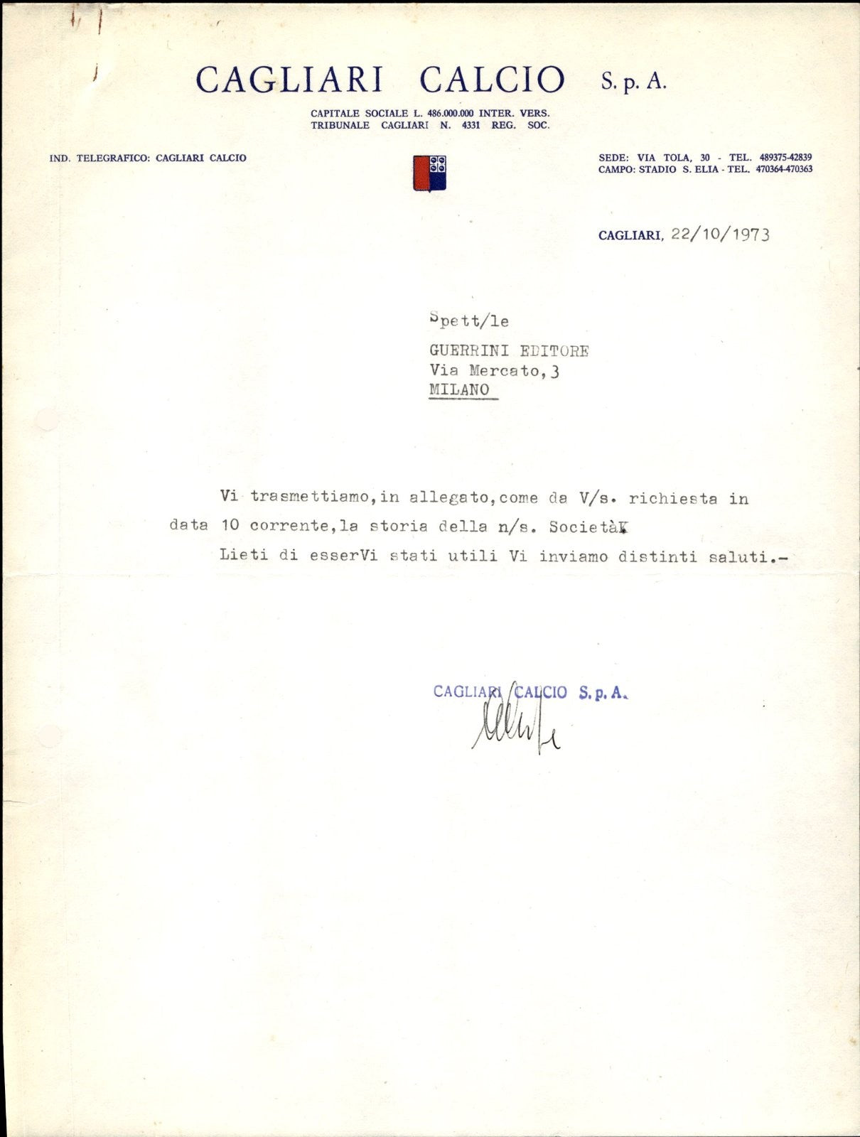 carta intestata societ� sportiva Cagliari Calcio Spa 1973 01